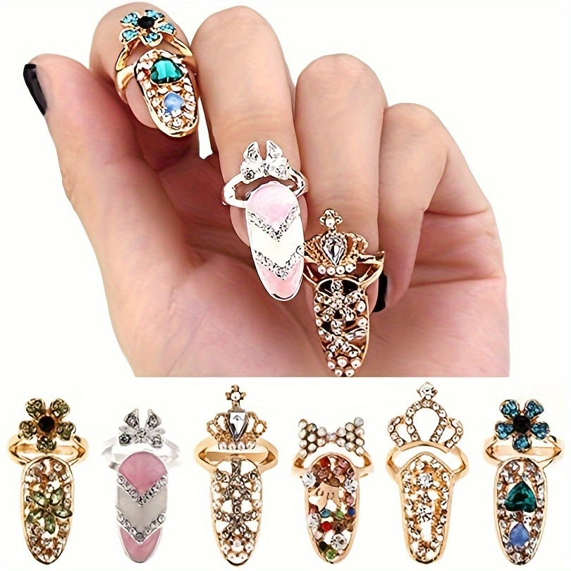 12pcs luxury nail ring set for women fashionable bowknot   with sparkling rhinestones mixed colors golden tone almond shape long length details 2