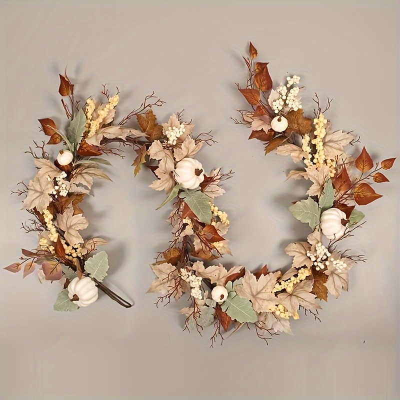 

Fall Pumpkin Garland: 71.1 Inch Artificial Maple Leaf Pumpkin Berry Rattan Wreath For Thanksgiving Table Decor