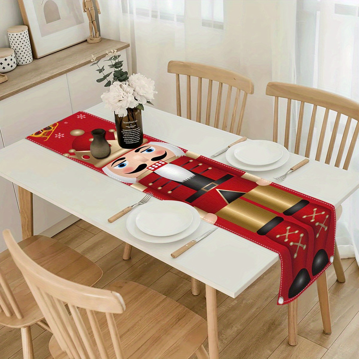 

1pc Festive Red Nutcracker Christmas Table Runner - Linen, Perfect For Holiday Dining & Party Decor