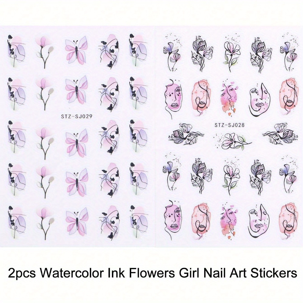 Image of 2pcs Watercolor Flowers Abstract Face Nail Art Stickers Decals 3d Adhesive Charms Nail Sliders Manicure Decorations