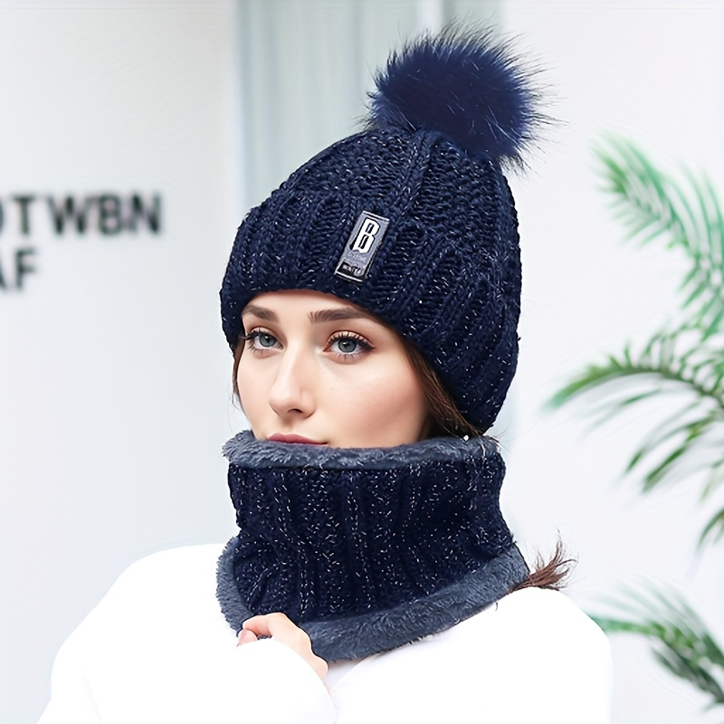 Winter scarf and hat set, thick and warm beanie with ball design, solid  color scarf, suitable for daily use by women