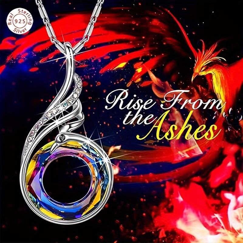 TEMU Elegant 925 Sterling Silver Necklace Featuring A Round Crystal Pendant In Phoenix Hues - Ideal For Daily Use, A Wonderful Present For Occasions