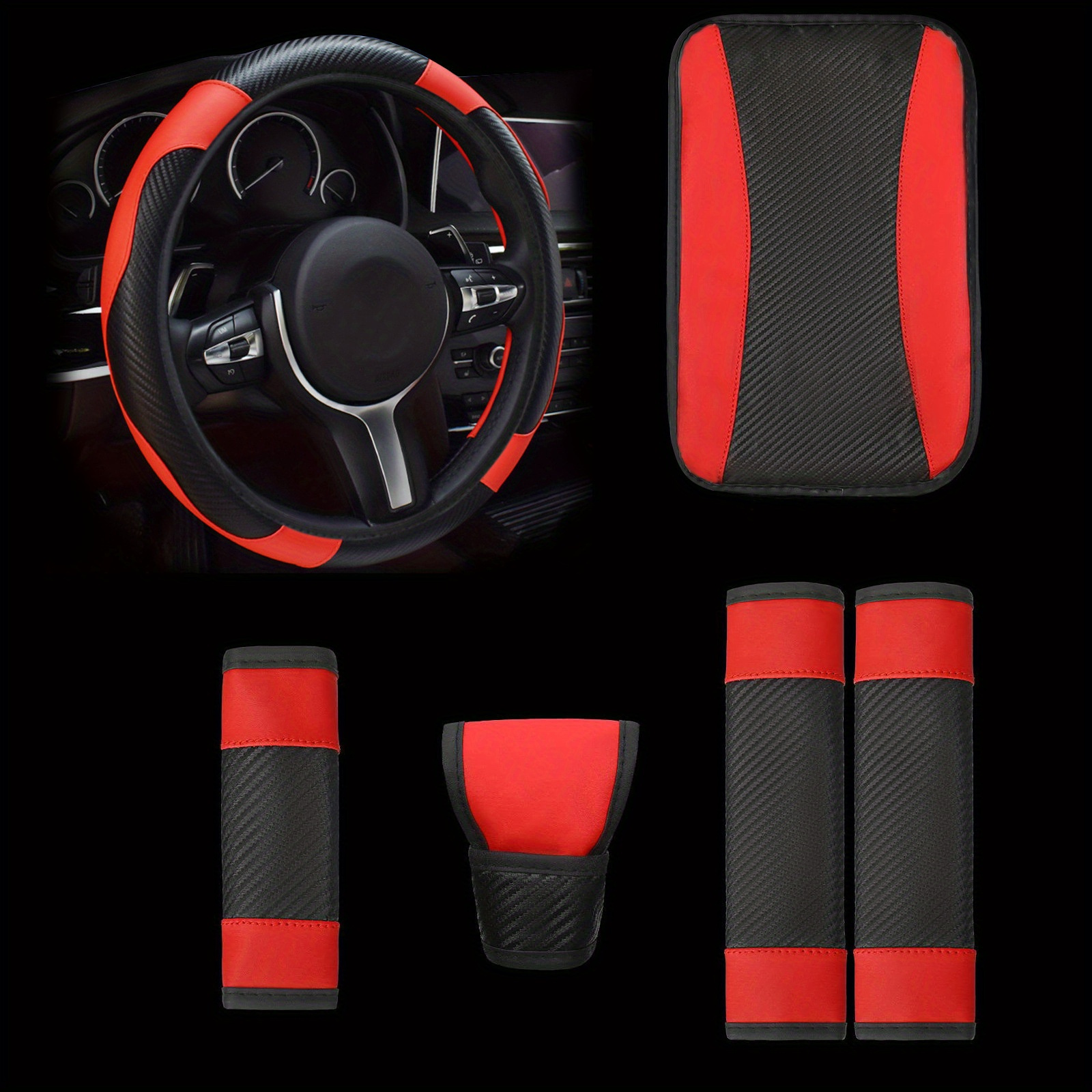 

1 Set Of Car Interior, 6pcs Set Of Universal Decoration, Including Steering Wheel Cover, Cover, Shoulder Protector, Armrest Box Pad