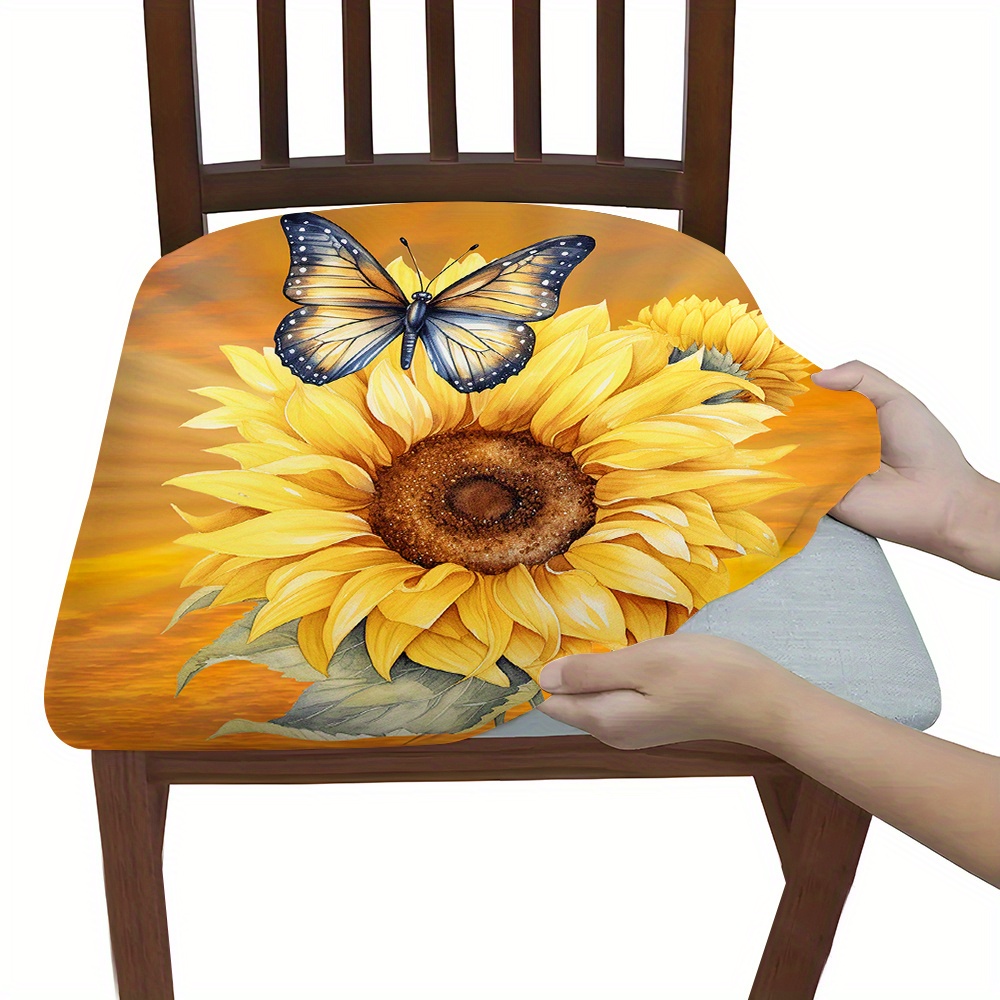 

Sunflower Chair Pad Covers With Butterfly Pattern, Set Of 2/4/6, Stretchable Elastic Seat Protectors, Modern Washable Polyester Slipcovers For Dining Room & Kitchen Chairs - No Electricity Needed