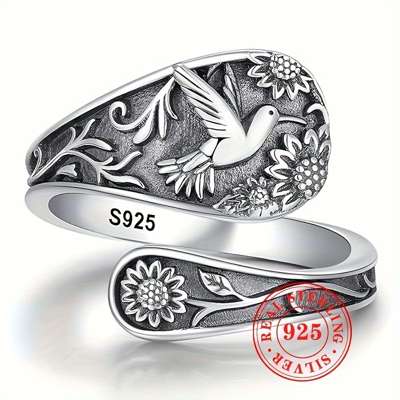 

Vintage Bohemian Leaf Flower Bird Carving Adjustable Ring - 925 Sterling Silver, Open Design, Unique Handcrafted Jewelry, Statement Piece, Gift Idea