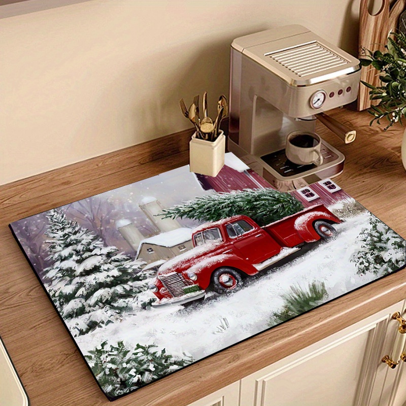 

Christmas Theme Dish Drying Mat 1pc - 100% Polyester Absorbent Kitchen Counter Mat, Vintage Red Truck Design, Multipurpose For Coffee Machines, Quick-dry, Water And Oil Resistant, Home Decor