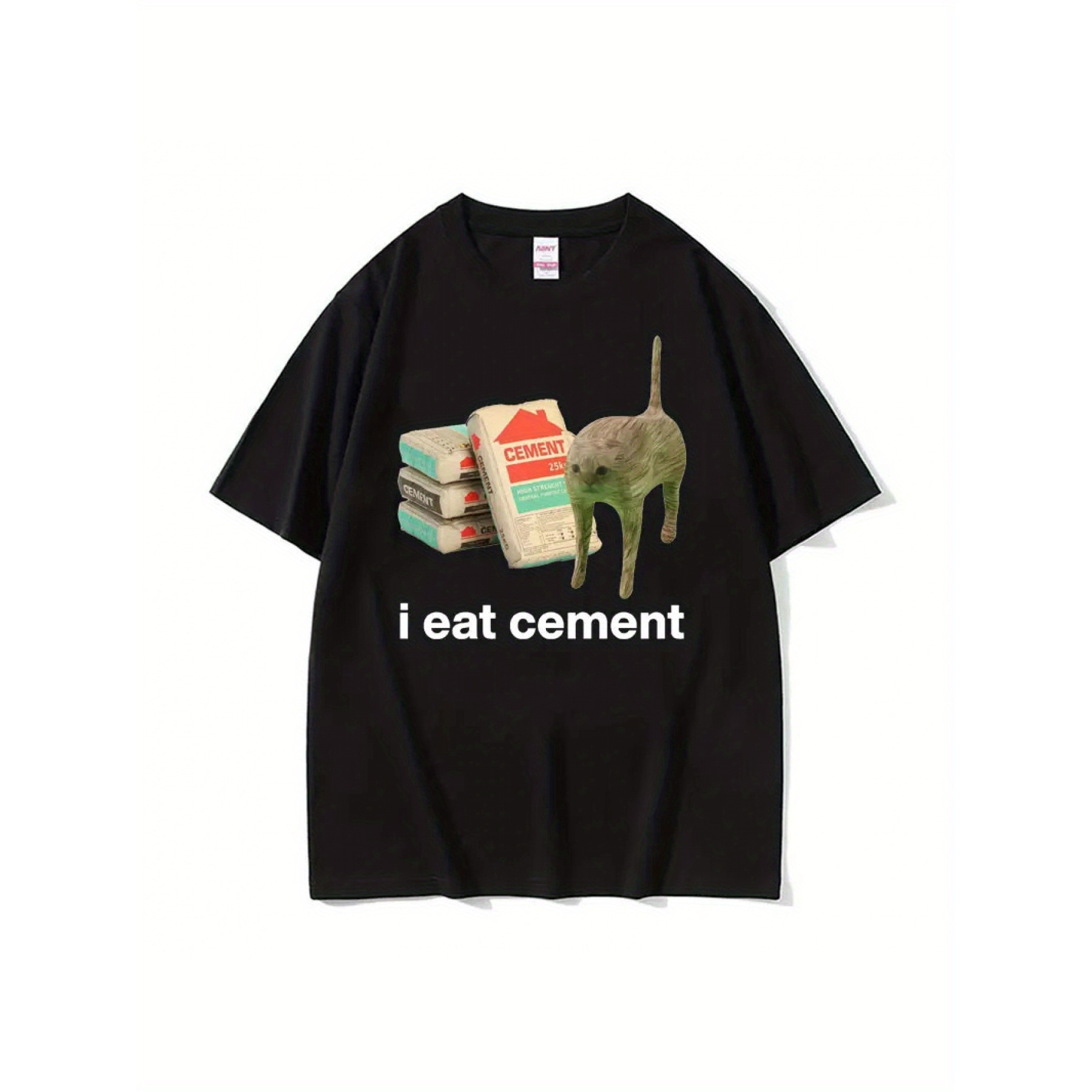 

1 Piece, Men's 3d Digital Fun Cat And Cement Pattern And I Eat Cement Letter Printed Cotton Round Neck Short Sleeve T-shirt, Summer Street Casual Tops