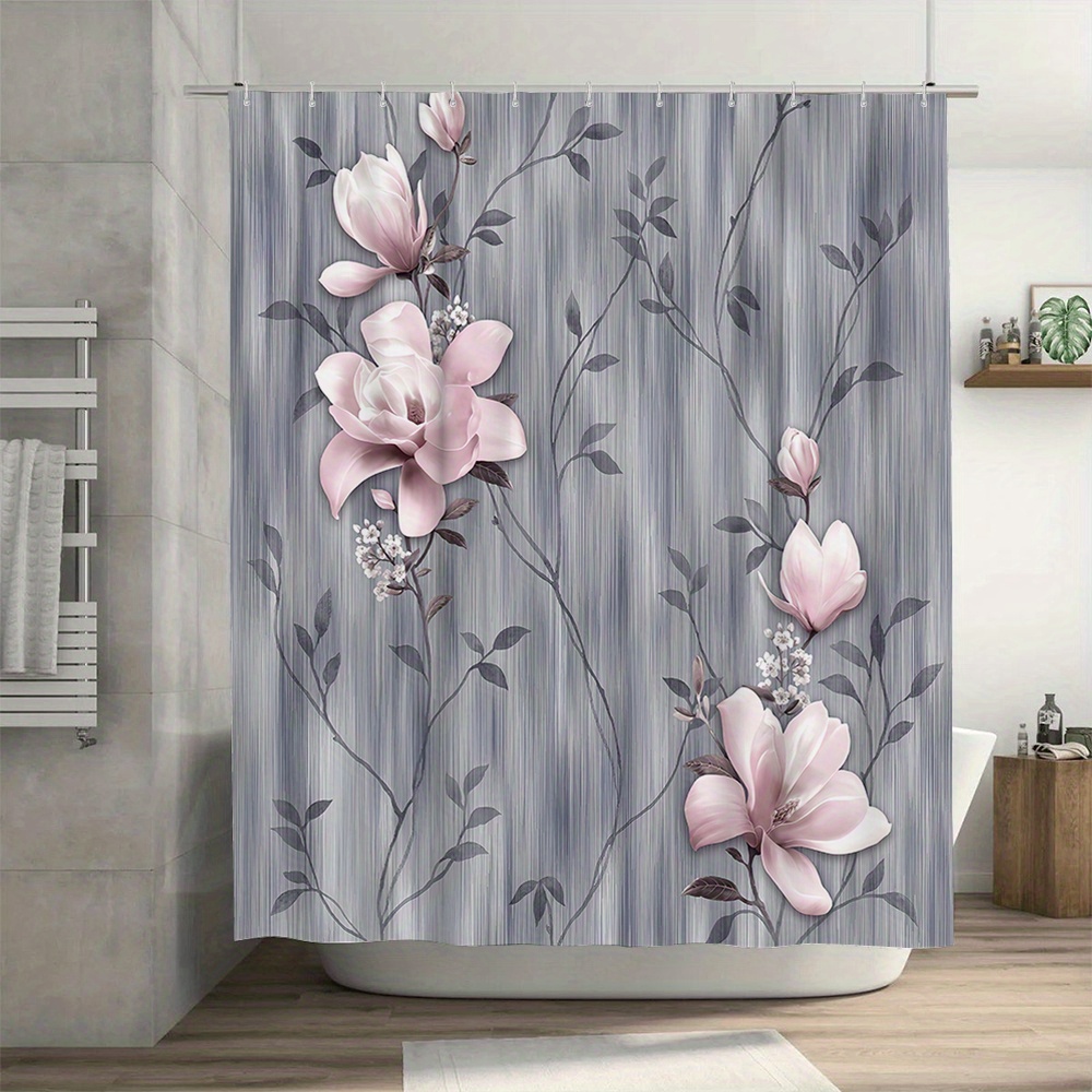 

Elegant Floral Print Polyester Shower Curtain, Woven Accessory With Washable And Line Dry Features, Modern Waterproof Bathroom Partition Curtain With Multiple Components, No Drill Installation