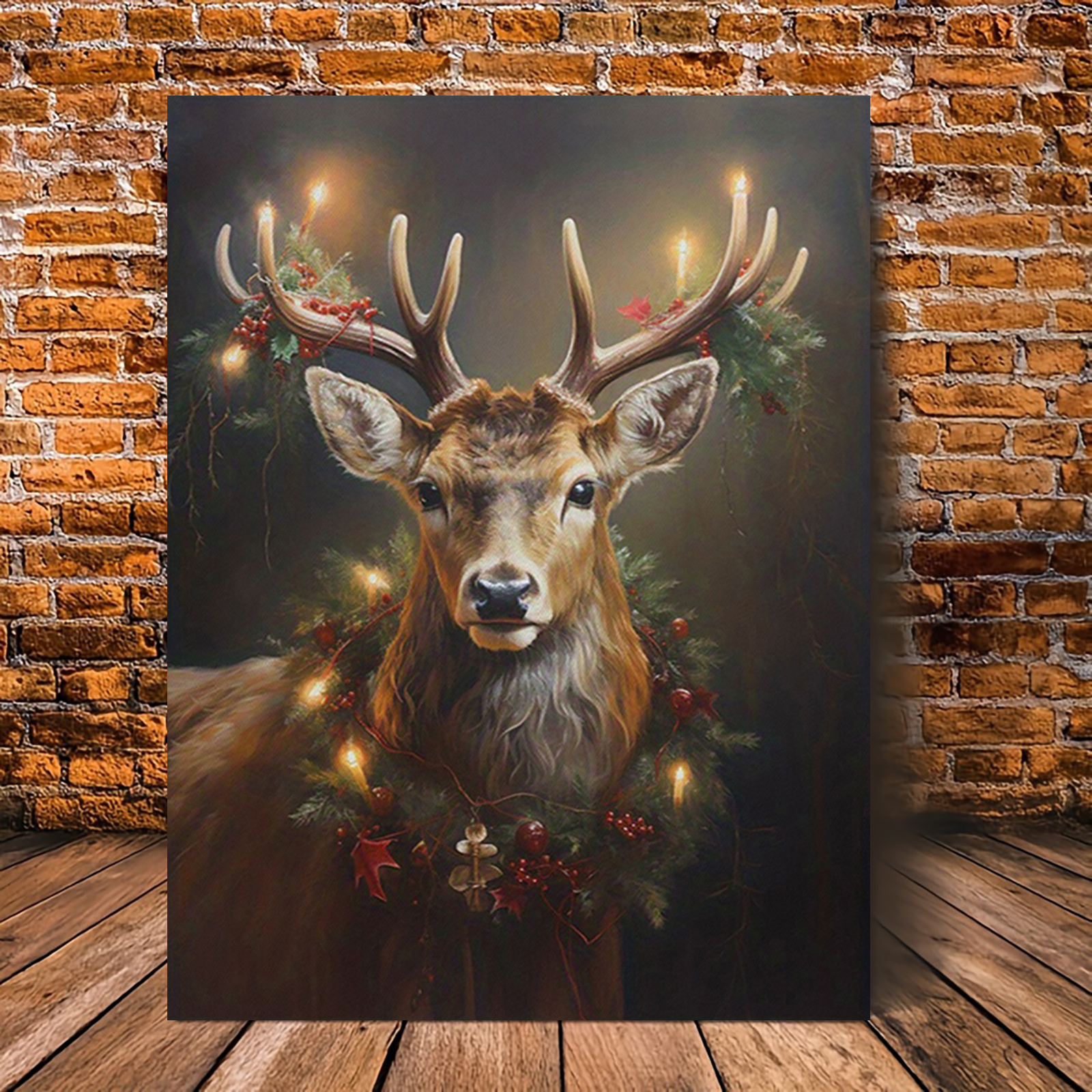 

1pc Christmas Reindeer Canvas Wall Art Poster, Festive Holiday Deer With Lights Decor, Creative Unframed Artwork For Home, Bedroom, Living Room, Bathroom, Office - Frameless, 12x16 Inches