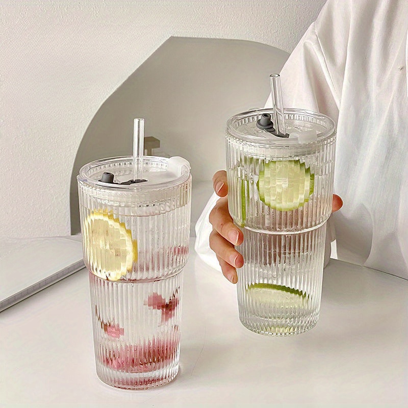 

Ins Ribbed And Lid - 600ml Water Cup For Iced And Beverages, Drinking Set