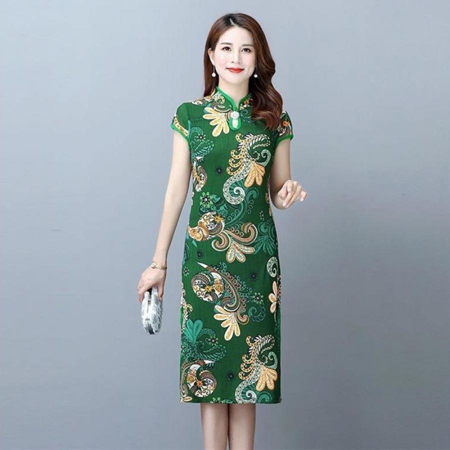 

Women Chinese Dress Midi Length Cheongsam, Vintage Pattern Side Qipao Party Dresses