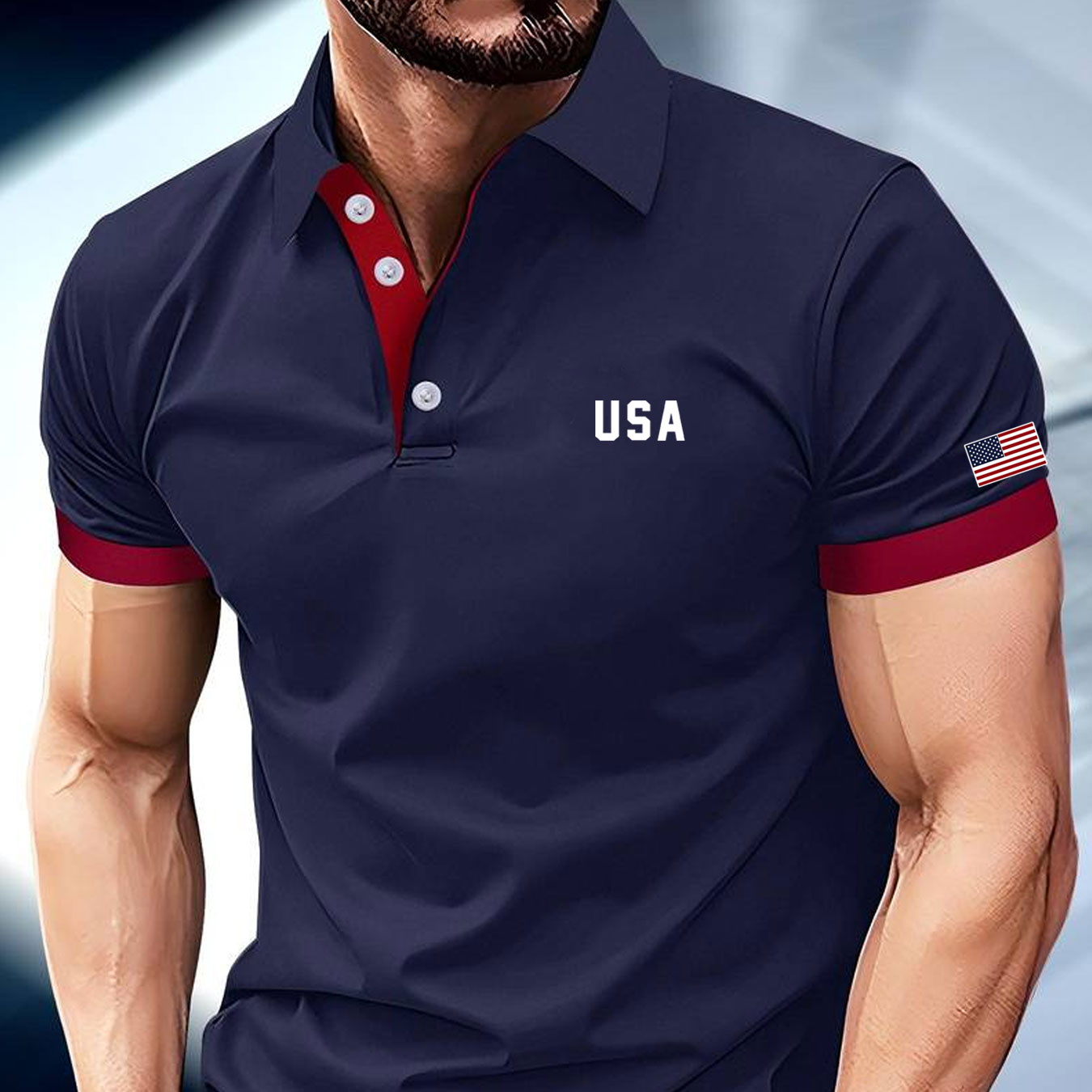 

Men's Casual Polo Shirts Summer Regular Fit Knit Polyester Polo With Usa Print, Lapel Collar, Button Details & Slight Stretch Fabric - Geometric Pattern Polo For Golf & Leisure