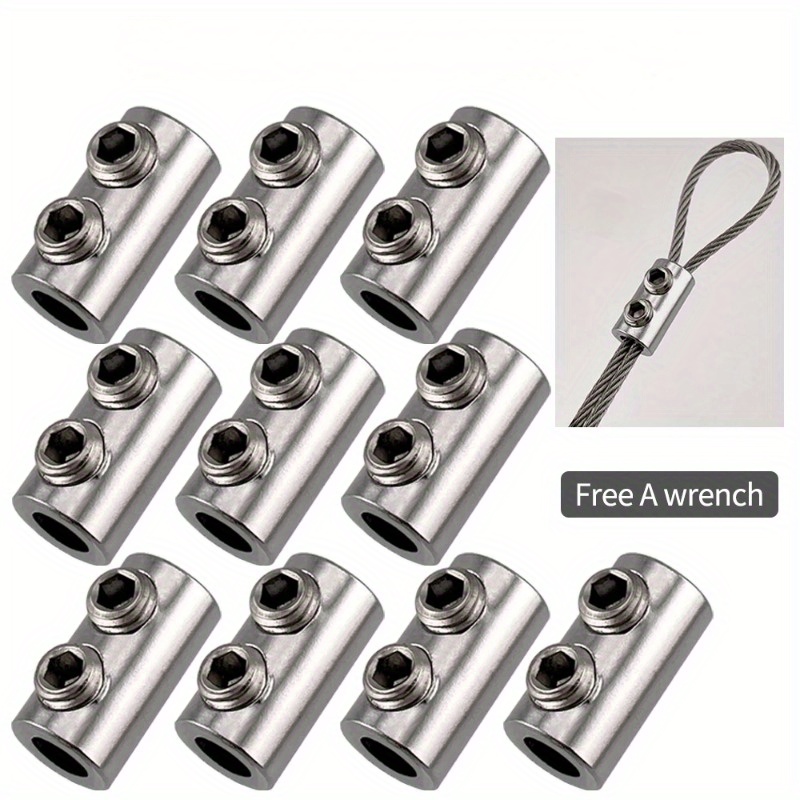 TEMU 10 Pcs Stainless Steel Rope Clamps - Cable Fittings, Double Hole Rope Cable For 2mm , With Wrench