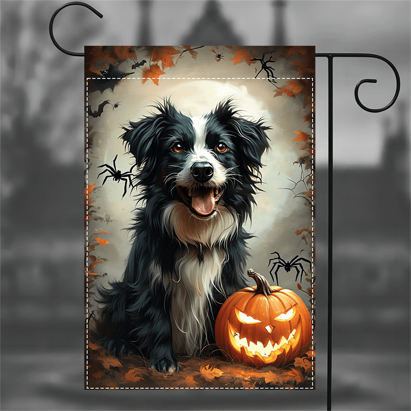 

1pc Double-sided Border Collie Pumpkin Garden Flag - Welcome Holiday Polyester Banner With Maple Leaves & Spiders, Multipurpose Weatherproof & Washable Home & Yard Decoration, 12x18 Inch