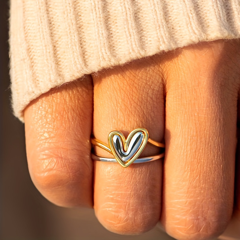 Vintage Two Tone Heart Ring for Women - Copper Material