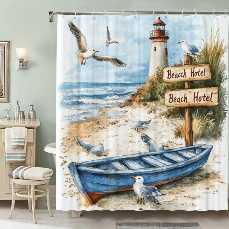 

Boat Pattern Shower Curtain Waterproof 12 Hooks Suitable For Room Machine Washable Curtain Waterproof Bathroom 1 Piece