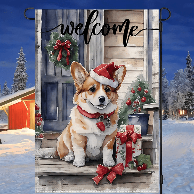 

Festive Corgi Dog In Santa Hat Christmas Welcome Garden Flag - Double Sided, Waterproof, And Machine Washable - 12x18inch