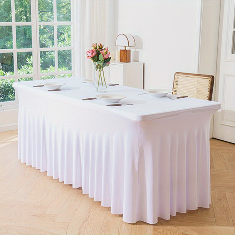 TEMU Rectangular Stretch Tablecloth - 1pc, Elegant Fitted Table Cover For Wedding Banquets, 6ft Sun Pleated Skirt Design, Durable Polyester Fabric, Machine-woven For Hotel And Party Use