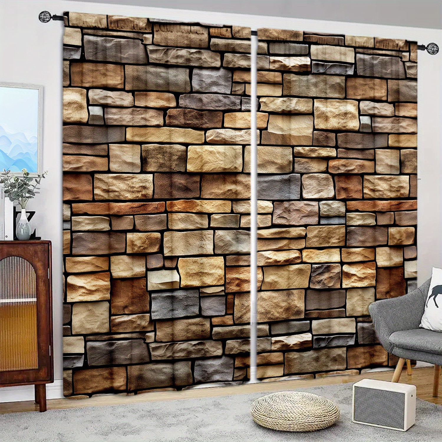 

3d Stone Bricks Printed Curtain For Home Decor - Rod Pocket Window Treatment For Bedroom, Office, Kitchen, Living Room, And Study