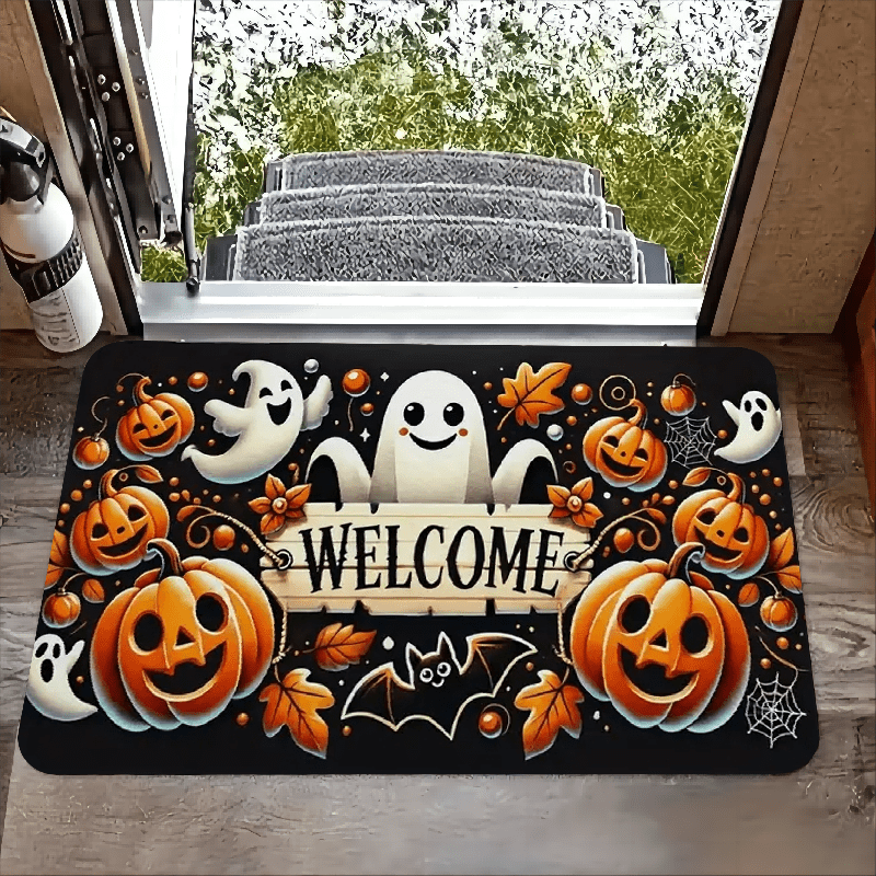 

Halloween Welcome Door Mat - Pumpkin & Design, Non-slip, Stain Resistant Polyester Rug For Kitchen, Laundry Decor