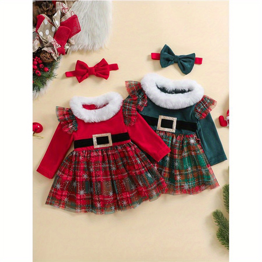 

Baby Girl 2pcs Christmas Outfits Long Sleeve Tulle Dress + Headband Set Infant Clothes 3 6 12 18 24 Months 2-3 Years Old Kids