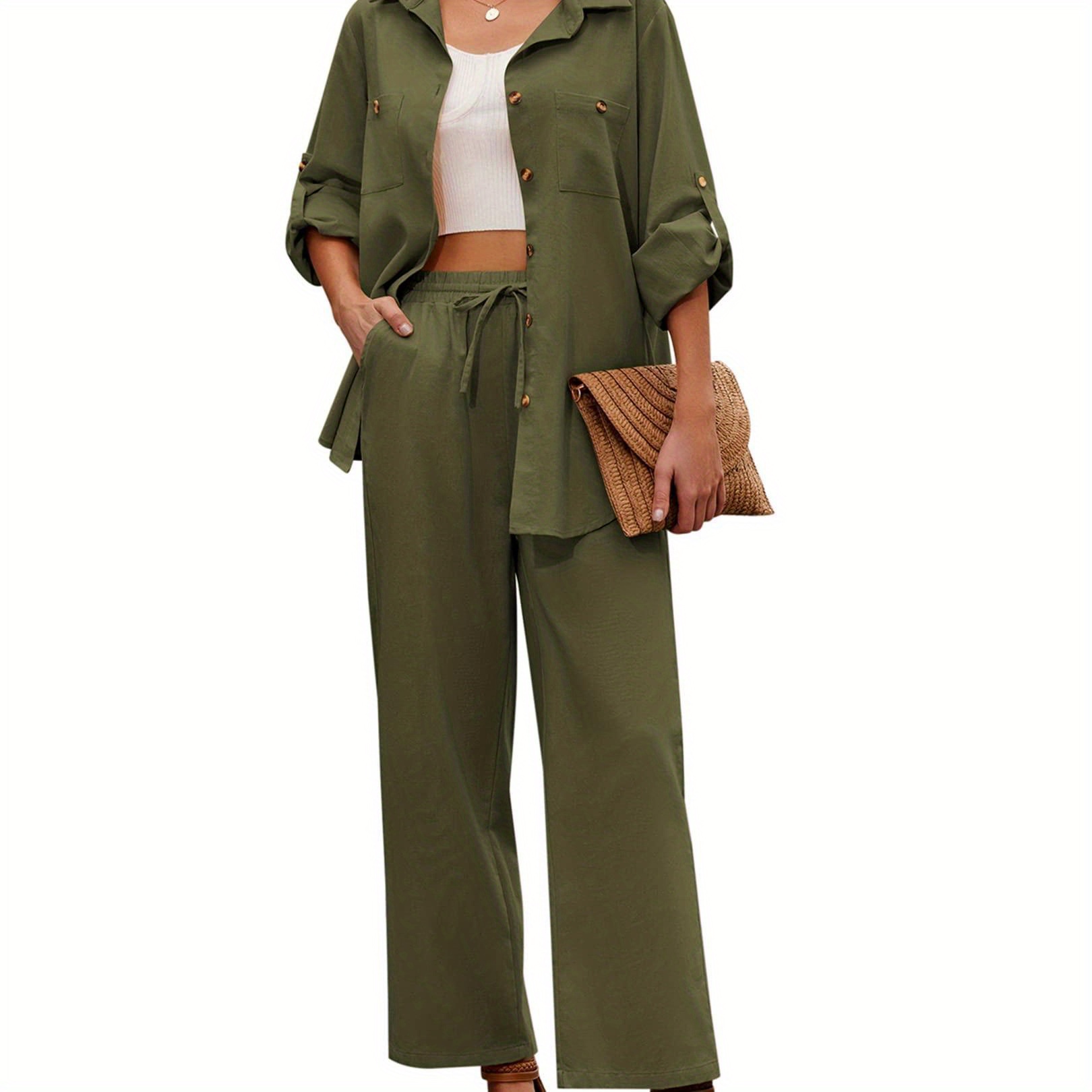 

Women 2 Piece Linen Sets 2024 Button Down Shirt And Drawstring Long Pants Set Summer Outfits
