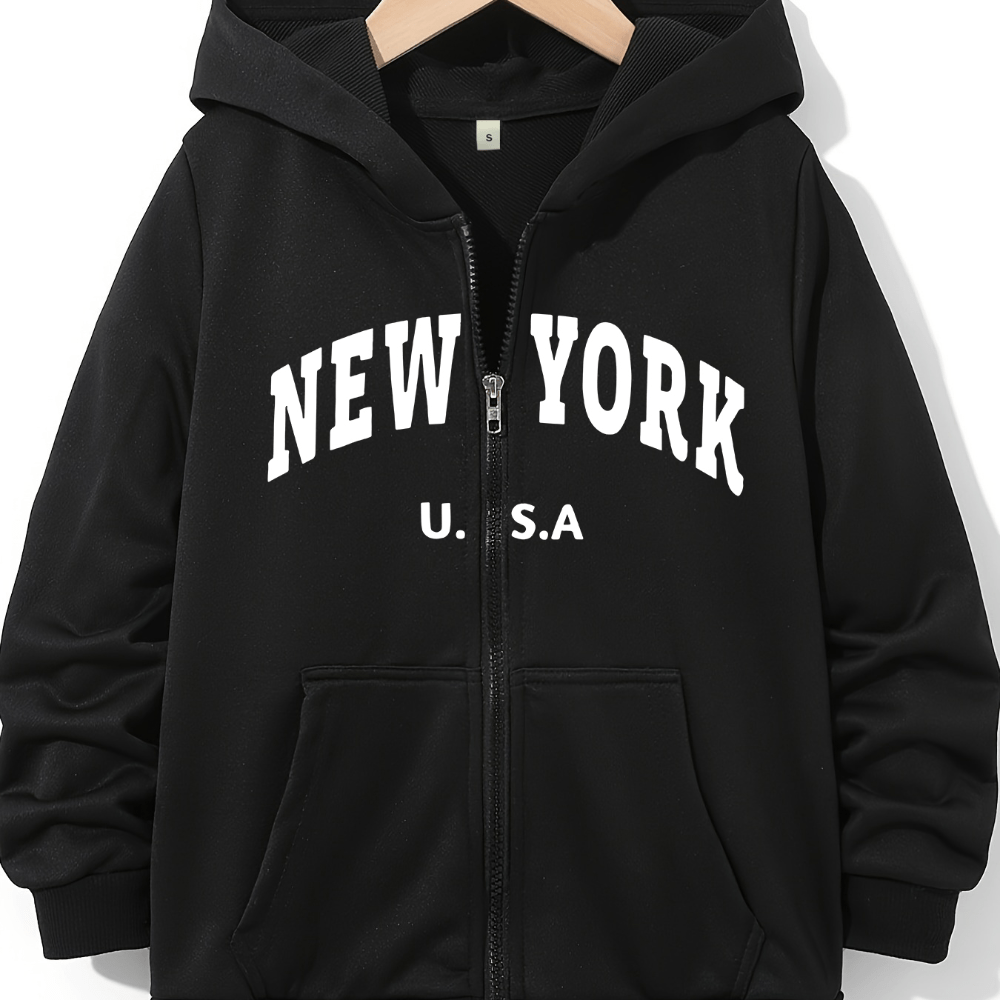 

Veste de survêtement à capuche à zip avec légère élasticité "New York États-Unis" imprimé pour femme - Mélange de polyester tricot et d'élasthanne, vêtement de pour toutes les saisons