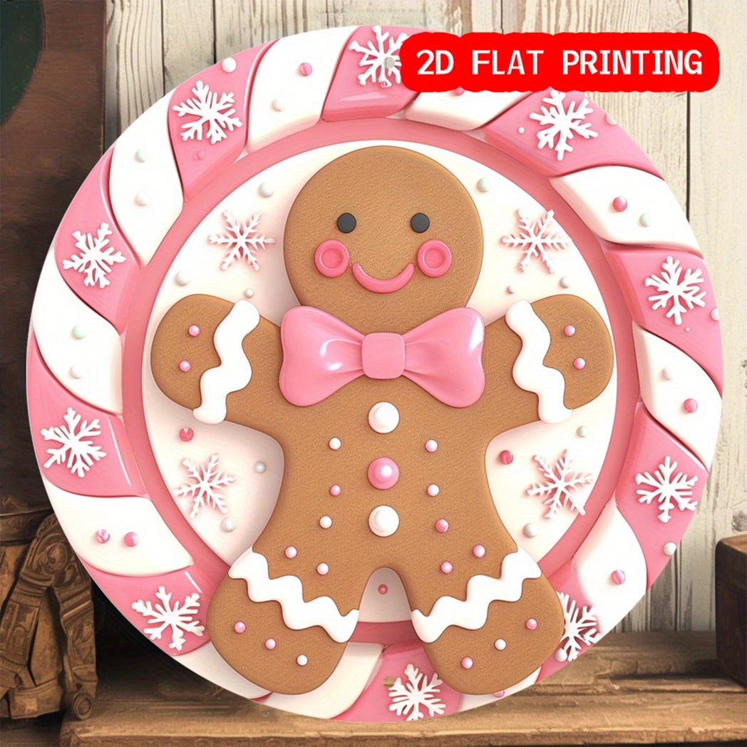 

Pink Gingerbread Christmas Wreath Aluminum Sign - 8x8 Inch Round Wall Decor For Home, Office & Cafe