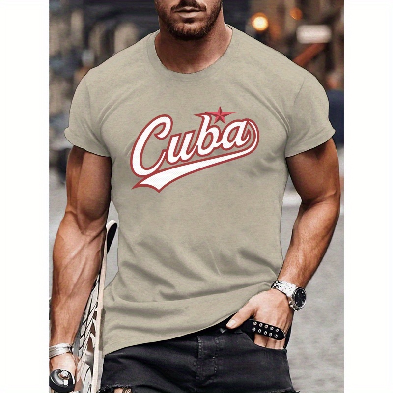 

Men's Casual Short Sleeve T-shirt With Unique Cuban Typography Print - Breathable Polyester, Machine Washable - Perfect For Summer