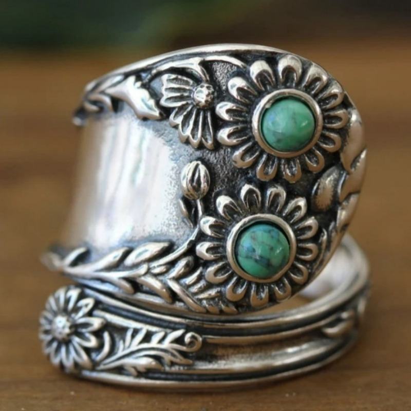 Silvery Color Artificial Turquoise Flower Spoon Ring