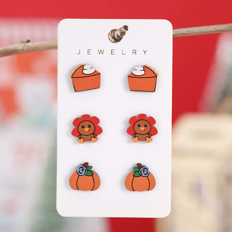 

6pcs Thanksgiving Stud Earrings Set - Vintage Wooden Turkey & , Stainless Steel Posts, & Parties, Thanksgiving