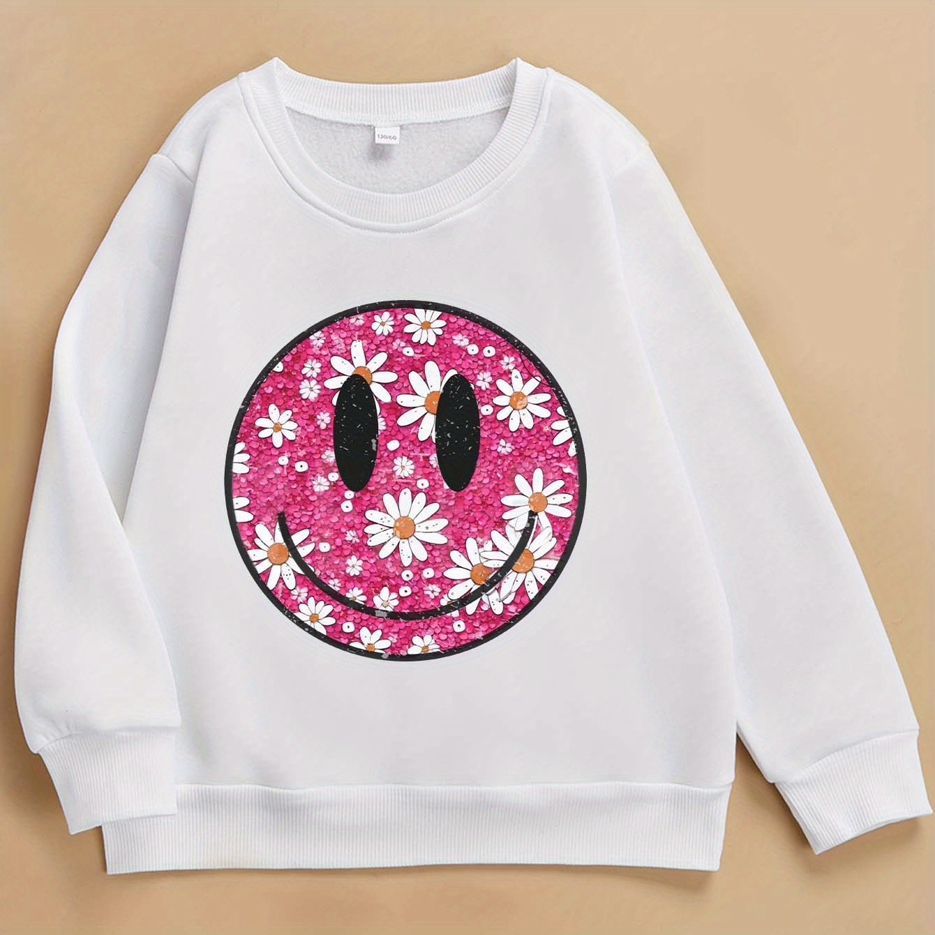 

Smile Face Floral Pattern Print, Girl's Casual Comfy Round Neck Long Sleeve Sweatshirt For Daily And Outdoor