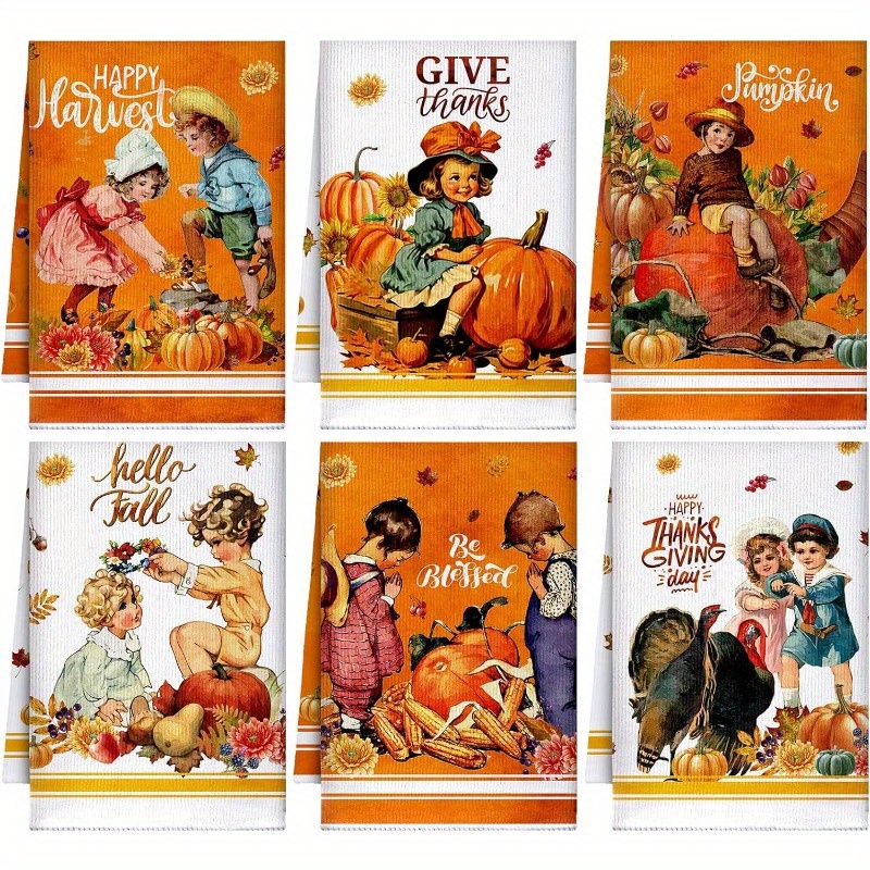 

6-piece Vintage Fall Kitchen Towel Set - 18x26 Inch Polyester Dish Towels, , Woven, Super Soft, Machine Washable, Theme, Oblong Shape, Ideal For Thanksgiving And Autumn Decor