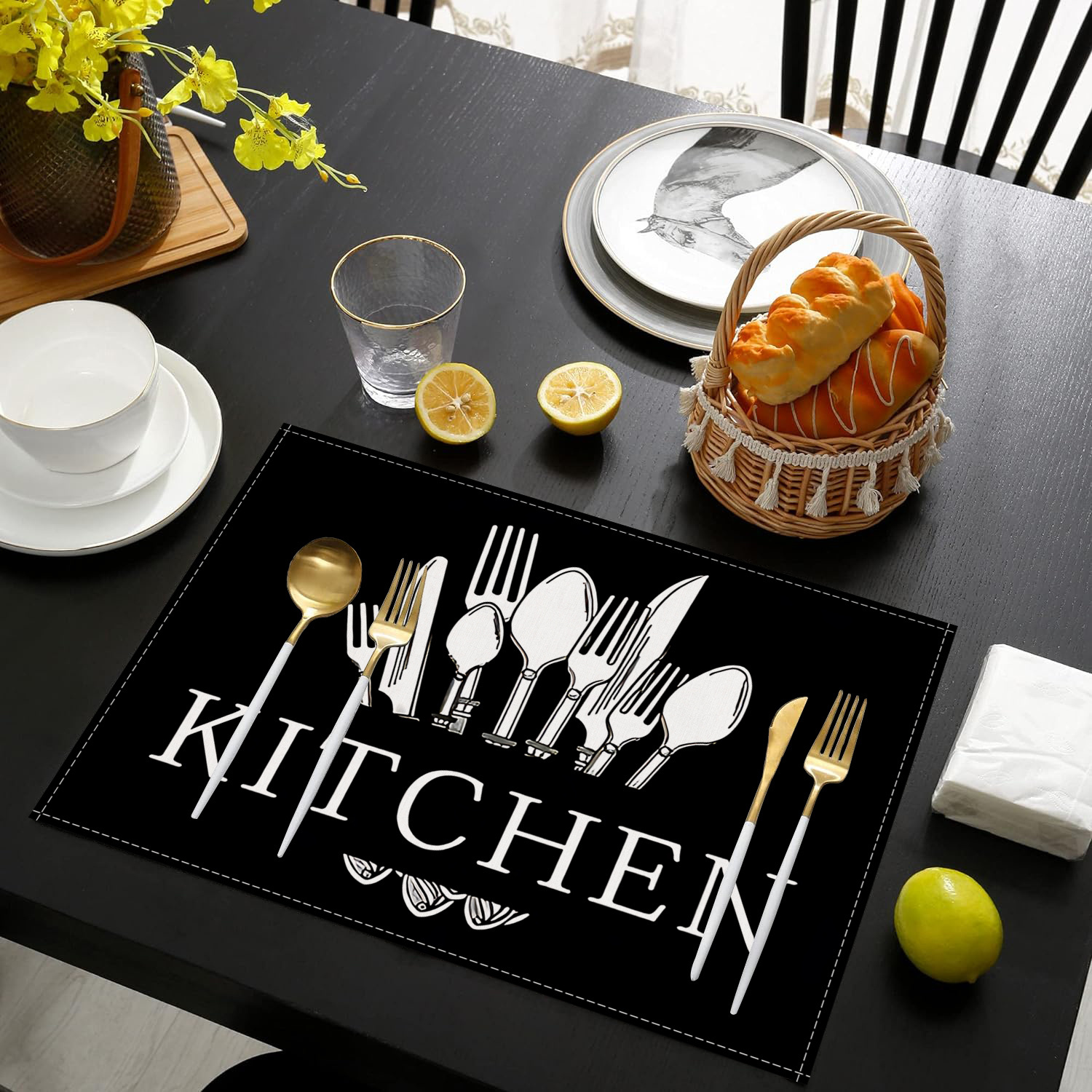 

4/ 6pcs Kitchen Words, Knife And Fork Table Runner, Home Decor, Cafe Decor, Daisies, Simple Black And White Knife And Fork Prints