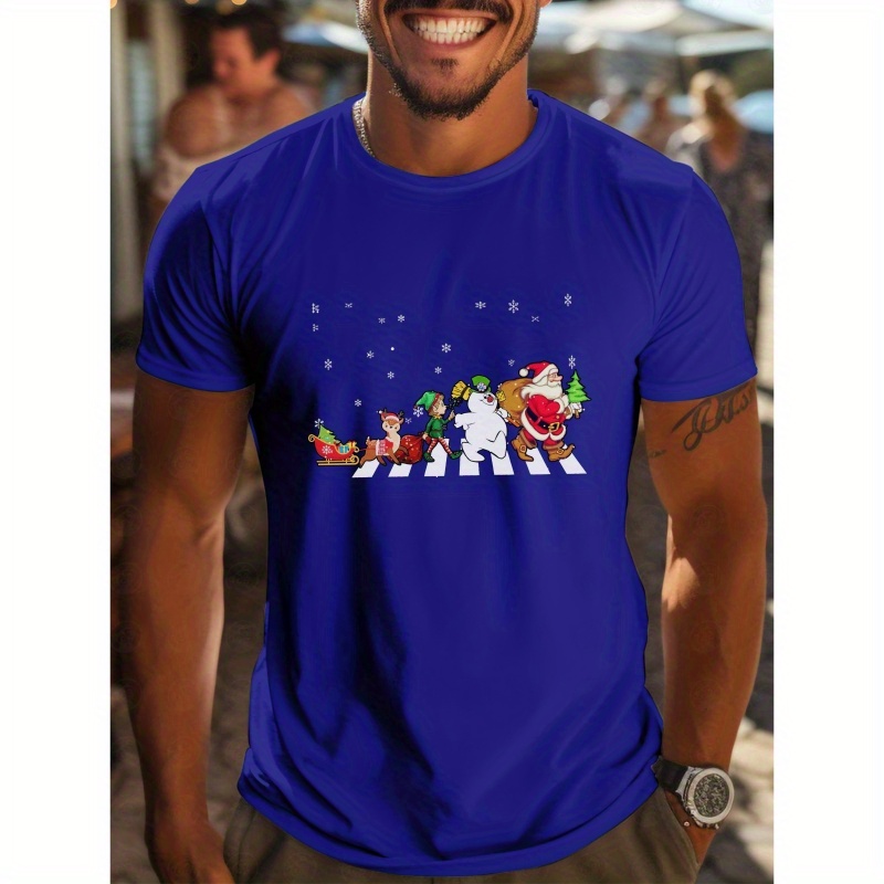 

Festive Christmas Holiday Men's Short Sleeve T-shirt - 100% Polyester Crew Neck Casual Tee - Medium Stretch Knit Fabric With Seasonal Print Design - Summer Going Out Regular Fit Pullover Top