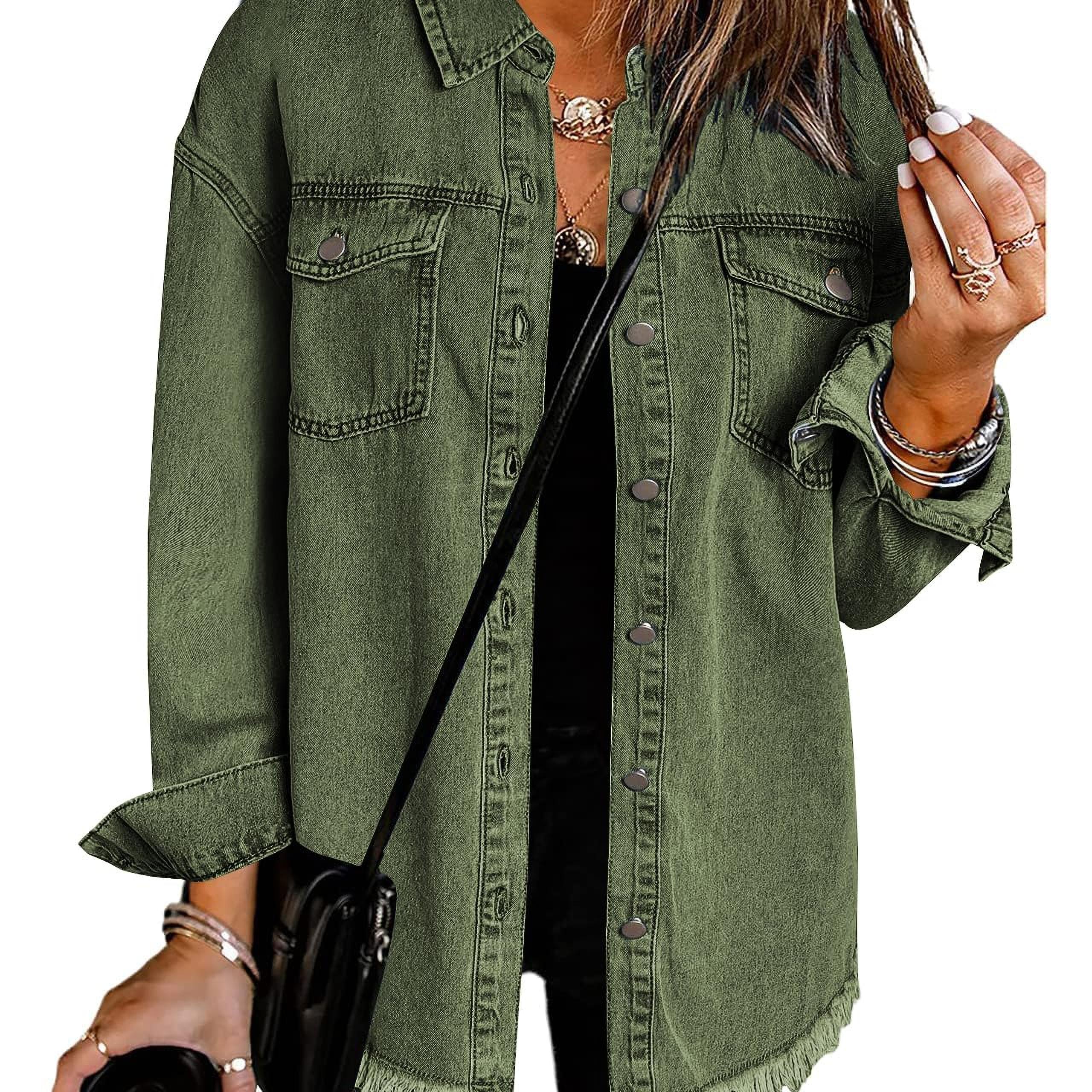 

Women 2024 Fashion Ripped Fringe Denim Jean Jacket Casual Long Sleeve Pockets Jackets Coat