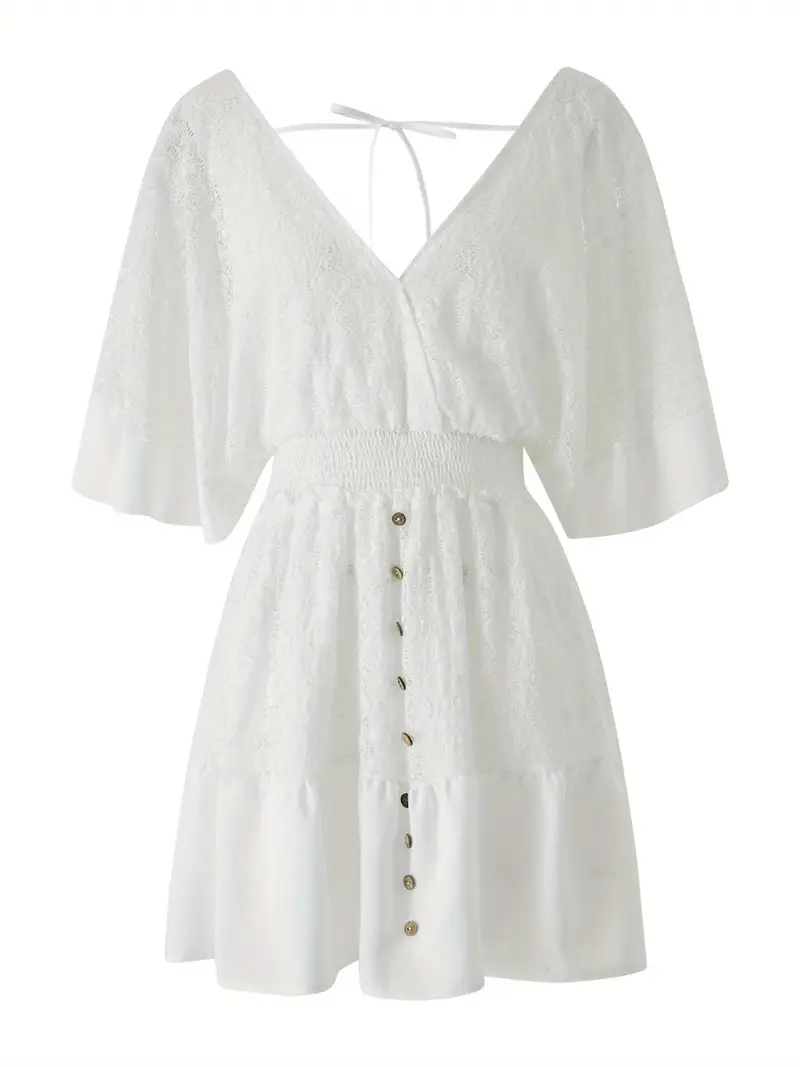 women white lace dress middle flared sleeves v neck button - Temu women white lace dress middle flared sleeves v neck button - Temu