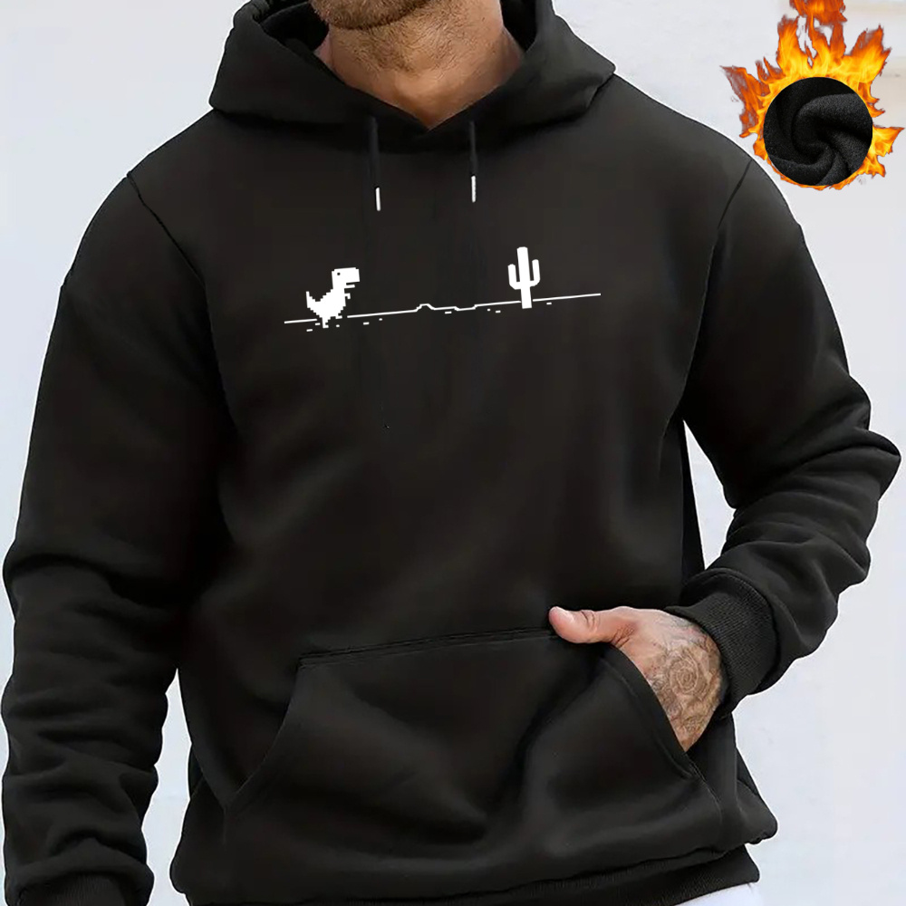 

Men's Casual Fleece-lined Hoodie With Dinosaur Print & Large Pocket - Cozy, Warm Pullover For Fall/winter