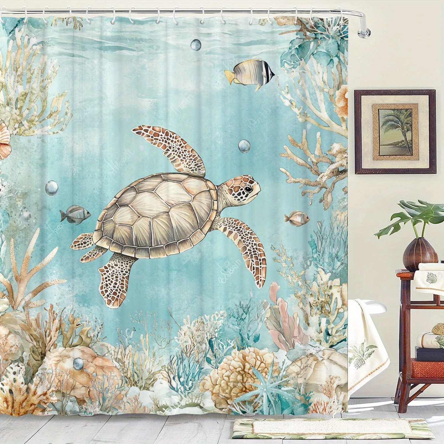 

Turtle Ocean Theme Shower Curtain, Waterproof With 12 Hooks, Artistic Graphic Design, Machine Washable, Non-woven Fabric, For Home, Kitchen, Hotel, Bathroom Decor