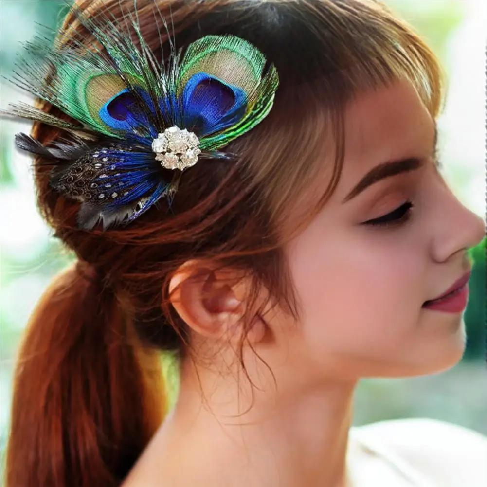 

1pc Elegant Peacock Feather Hair Clip - Faux Feather Rhinestone Hairpin | Bridal Carnival Wedding Headpiece Accessory For Women