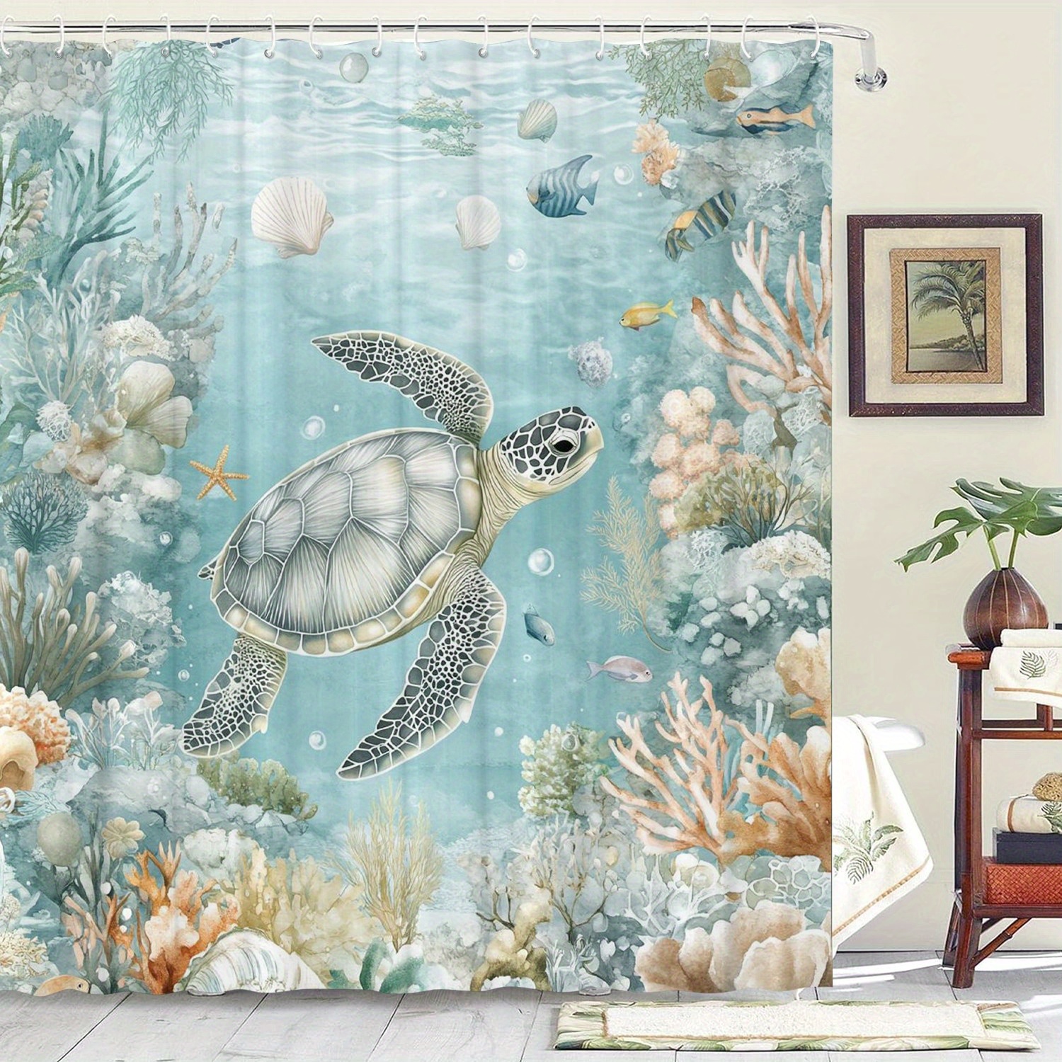 

Water-resistant Marine Life Shower Curtain With Sea Turtle Design, Non-woven Fabric, Graphic Arts Theme With 12 Hooks, Machine Washable Bathroom Curtain For Home And Hotel