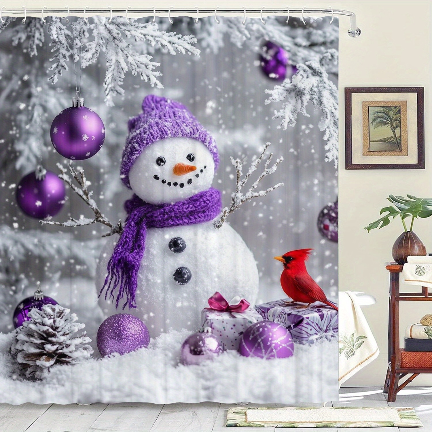 

Water-resistant Snowman Shower Curtain With Bird - Non-woven Fabric Graphic Print With Hooks, Machine Washable, Home And Hotel Bathroom Decor Curtain, Arts Themed - Includes 12 Hooks