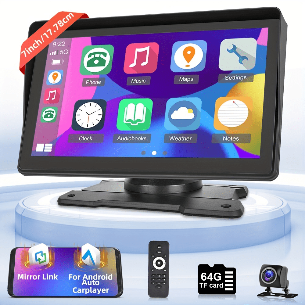 

7 Inch Hd Portable Wireless Carplayer For Auto Screen, Wireless Car Stereo With Aux Usb Fm Transmitter Backup Camera 64g Tf Card For All Vehicles