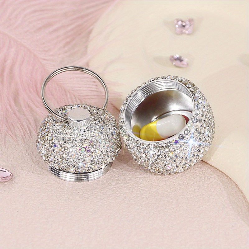 

1pc Sparkling Rhinestone Mini Medicine Box - Waterproof Aluminum Alloy, Portable Keychain Pill Organizer For Travel