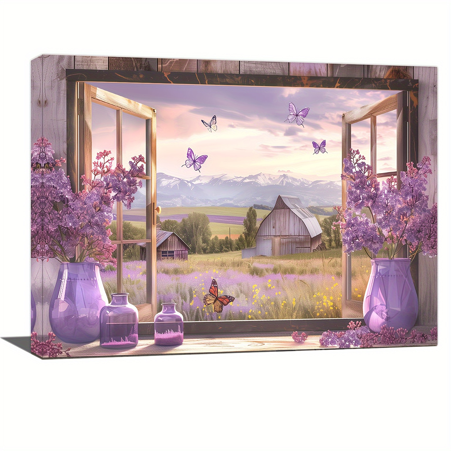 

1pc Framed Canvas Wall Art Set With Wooden Frame - Rustic Landscape, Purple Flowers In Vase & Butterflies, Farmhouse Decor For Bedroom And Bathroom, 1 Piece, Ready To Hang,