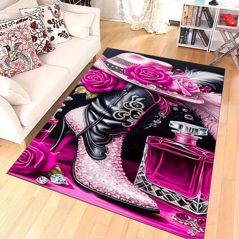 

Entryway And Indoor Area Rug - Large Crystal With Pink Cowboy Boot, Hat, And , Hand Washable Polyester Rug For Corridor, Living Room, Kitchen, Office, Home Decor (≥1.8m Longest Side, ≥2.16m² Area)