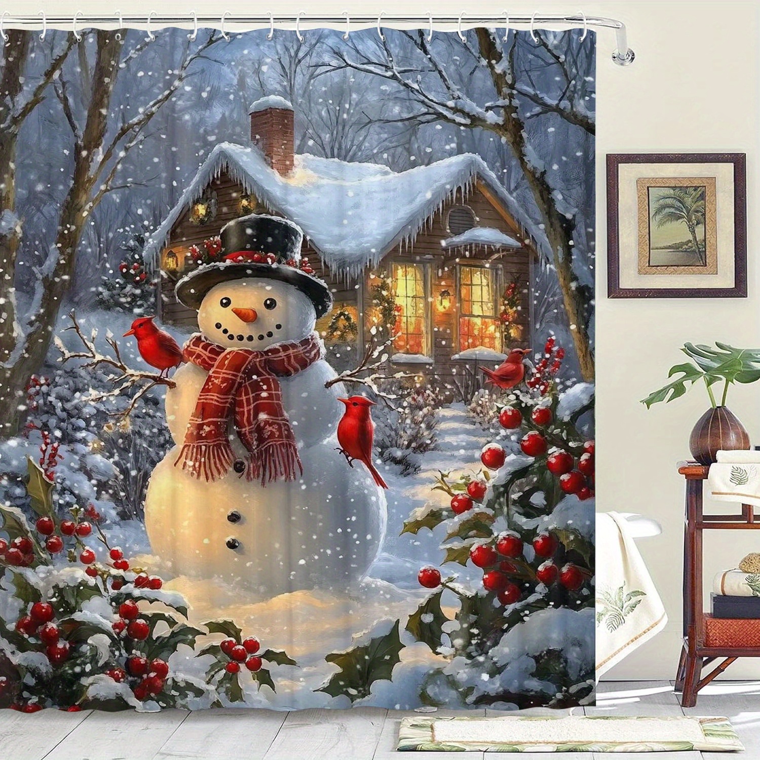 

Water-resistant Snowman Shower Curtain With Red , Non-woven Fabric, Artsy Graphic Print, Includes 12 Hooks, Machine Washable For Home And Hotel Bathrooms