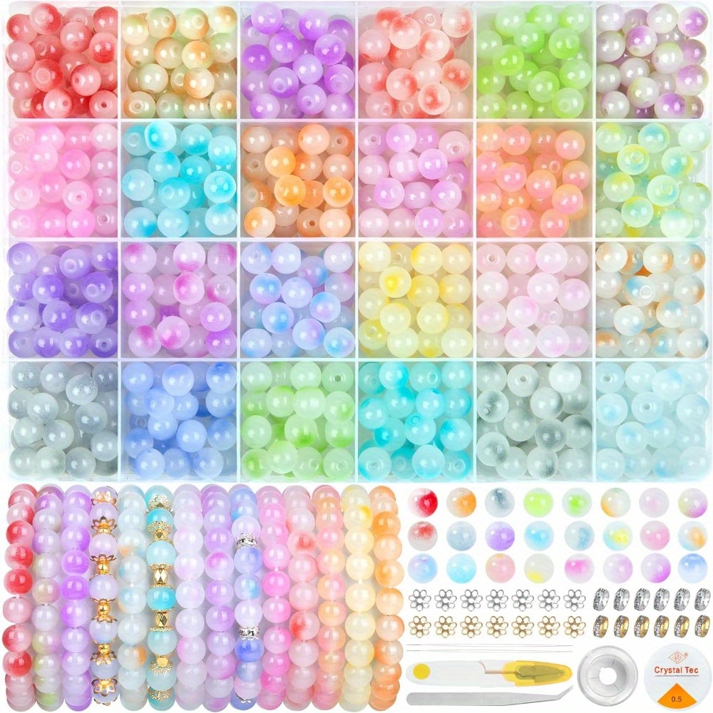 

700pcs Jewellery Beads, 8mm Glass Crystal Beads Bracelet Diy Earrings Making Kit Necklace With Spacer Beads Ring