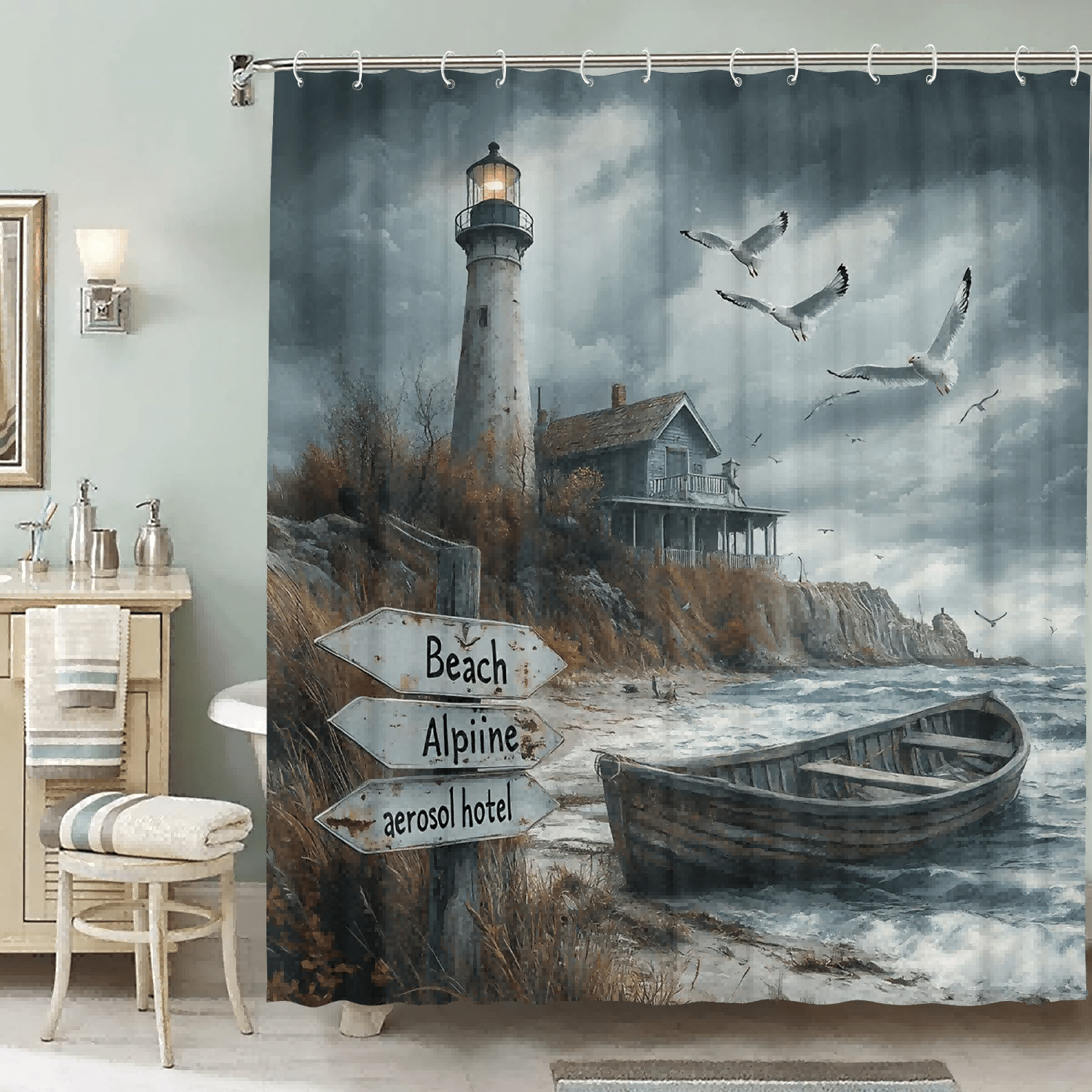 

Water-resistant Nautical Lighthouse Shower Curtain With Beach & Boat Design, Includes 12 Hooks, Machine Washable, Non-woven Fabric, Artistic Ocean Themed Bathroom Accessory