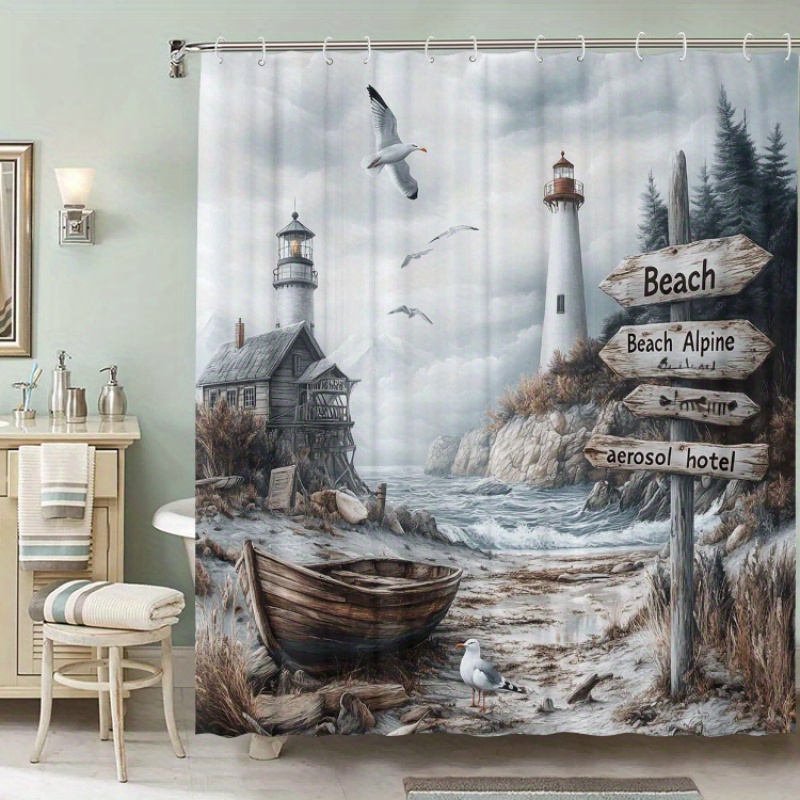 

Water-resistant Lighthouse Beach Scene Shower Curtain With 12 Hooks – Non-woven Graphic Print Art Bathroom Curtain With Machine Washable Fabric For Home And Hotel Decoration